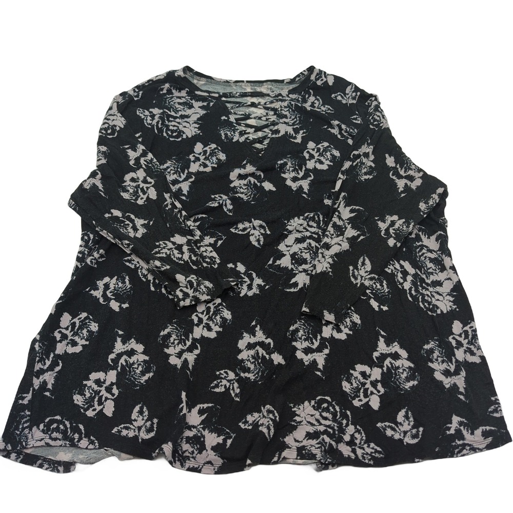 Maurices 24/7 Floral Lace Up V-Neck Tunic Top Black Grey Long Sleeve Size 2